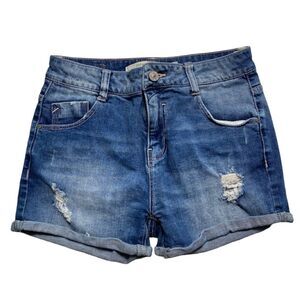 Zara Women’s Denim Shorts Size 2 Blue Distressed Cuffed Mid Rise 5 Pocket Casual